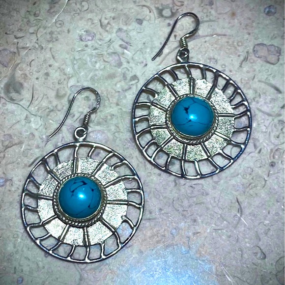 Vintage Turquoise Earrings Handmade in India Large Sun Dangle Earrings Sterling - Picture 7 of 9